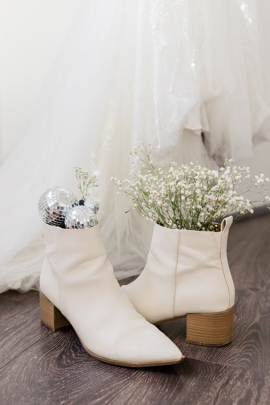 Boutonniere with Disco Balls and Flowers in White Boots